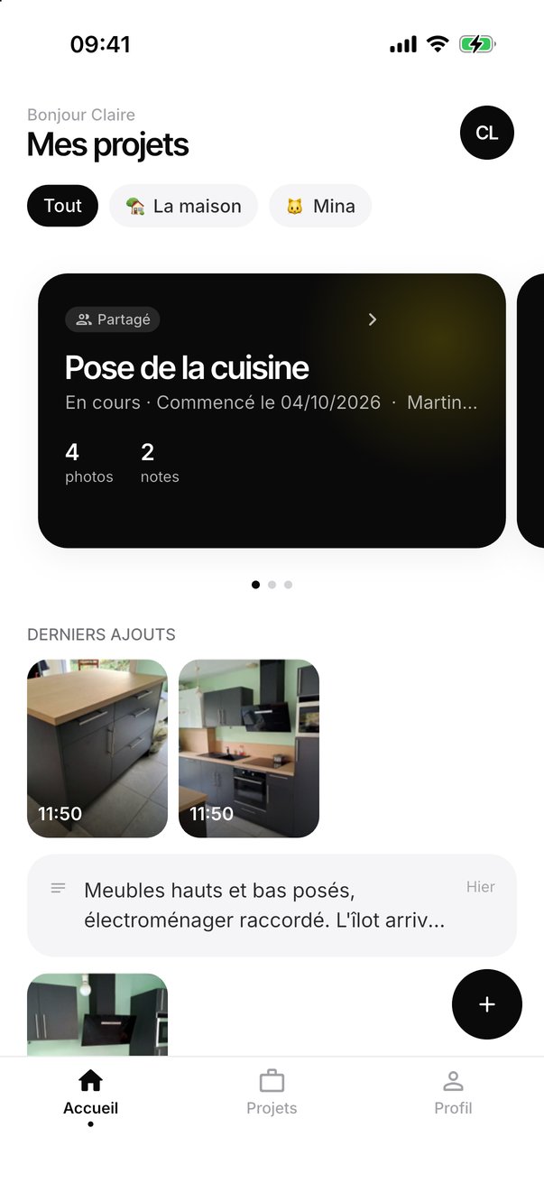Côté client : son accueil, ses carnets et ses projets en cours, puis la notification et la nouvelle note