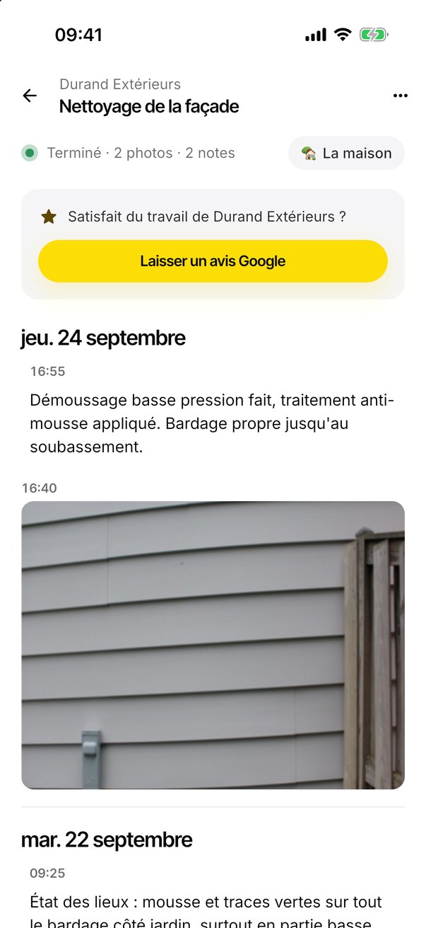 Le nettoyage de façade terminé, vu par le client, avec le bouton « Laisser un avis Google »