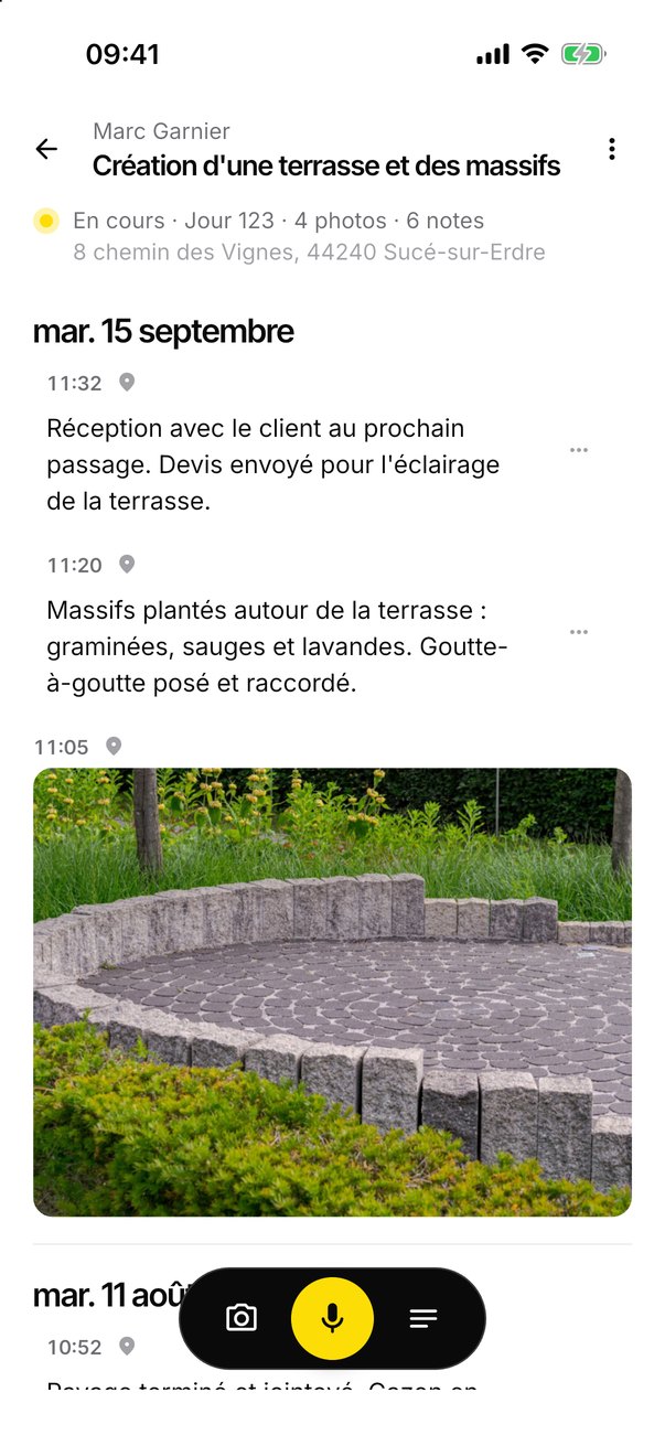 Le journal d'un paysagiste sur la création d'une terrasse : chaque passage, ses notes et ses photos, datés