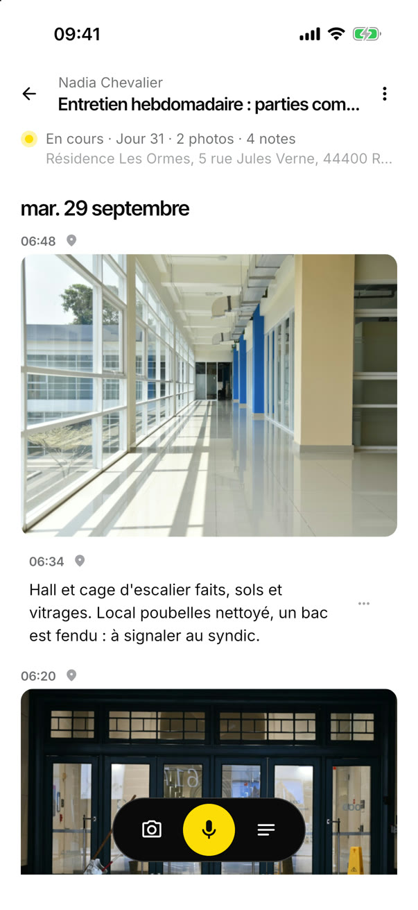 Entretien de locaux : le hall fait à 6 h 20, photo et note datées